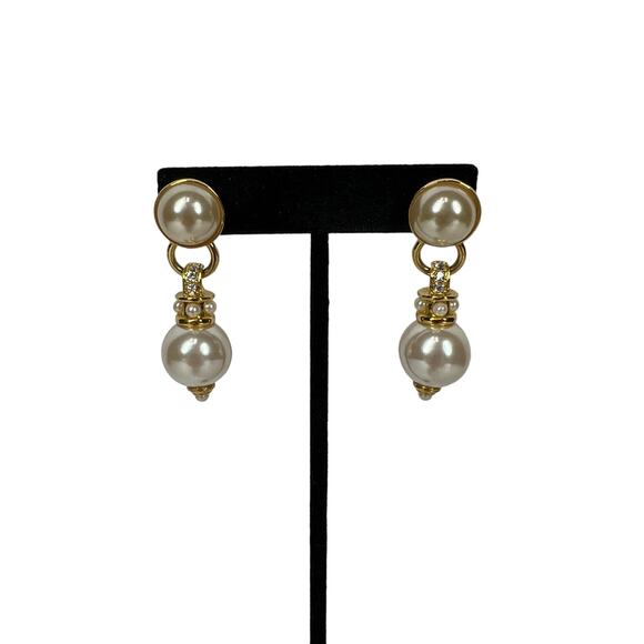 Womens Faux Double Pearl Drop Earrings Gold Tone Dangle Elegant Classic - Picture 1 of 7